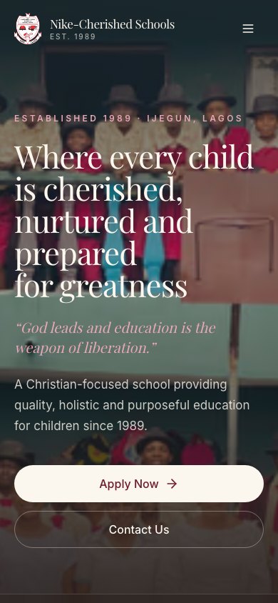 The Nike-Cherished Schools homepage on a phone.
