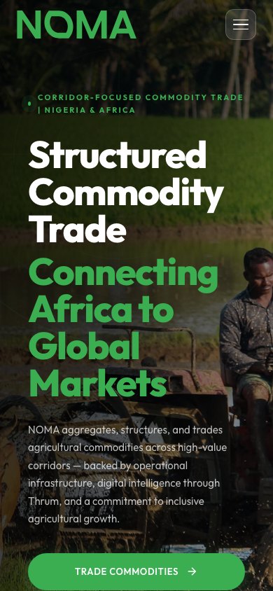 The NOMA homepage on a phone, headline and trade panel stacked.