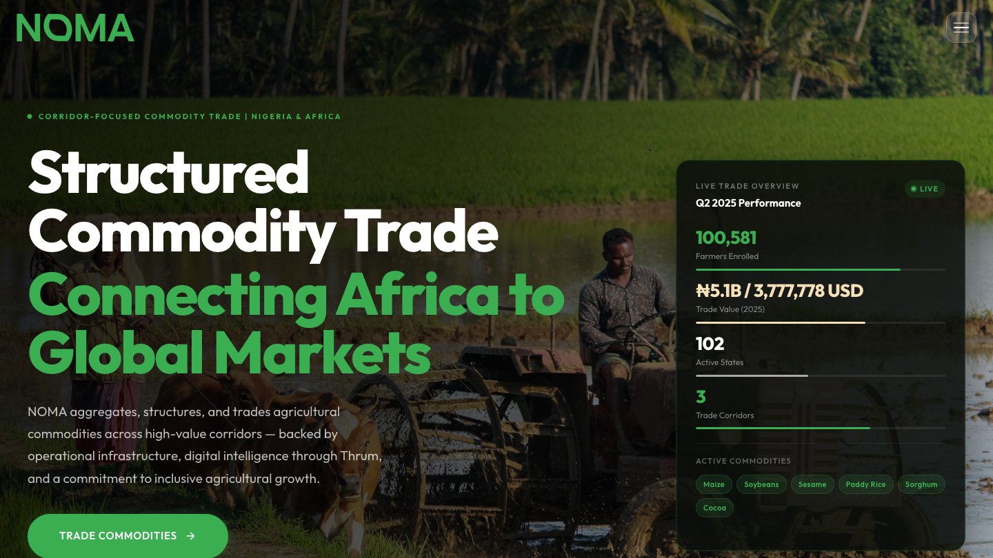 The NOMA Service homepage — oversized white and green headline over a photograph of a tractor working a flooded rice field, with a live trade overview panel at the right.