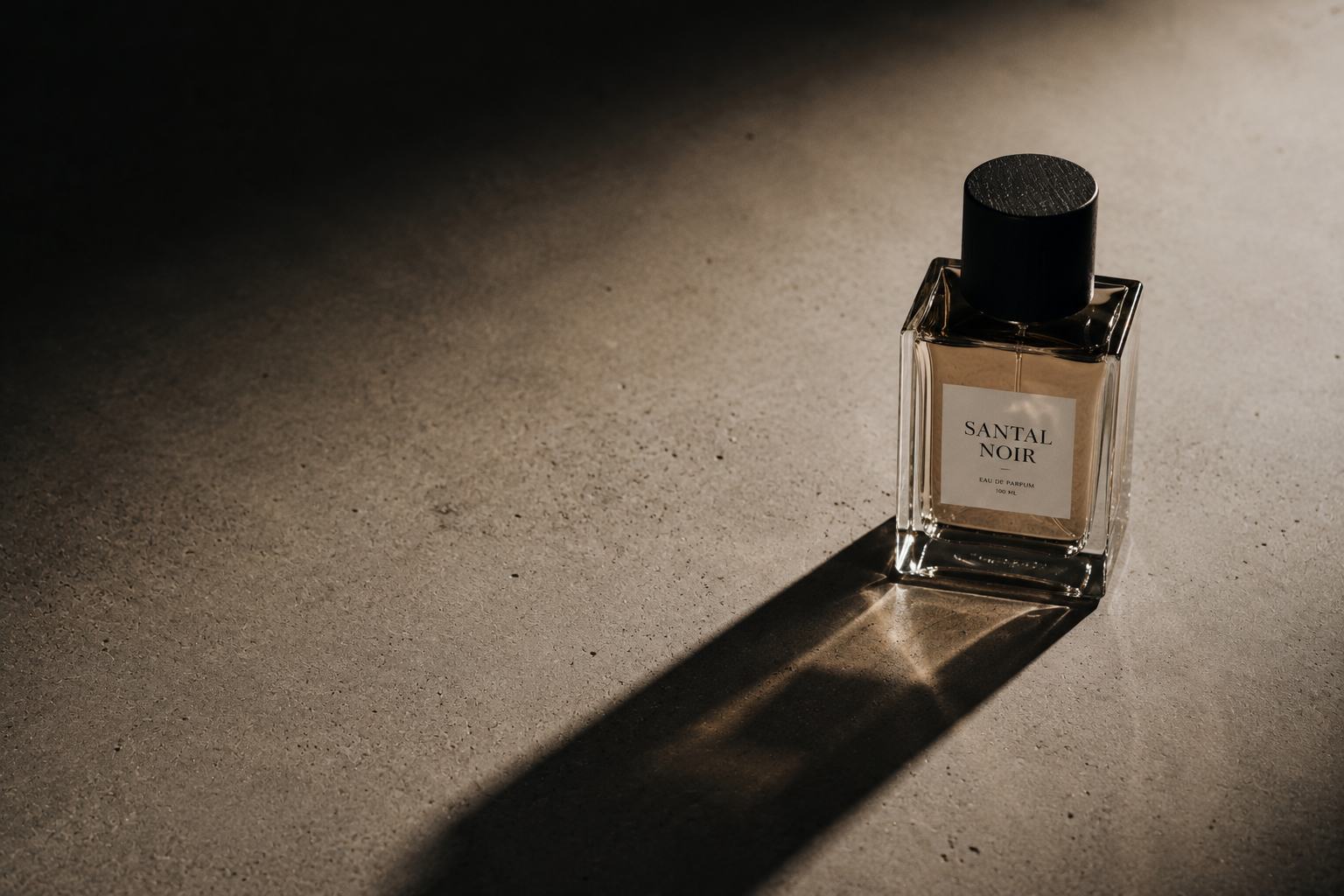 A single glass fragrance bottle on concrete throwing a long hard shadow.