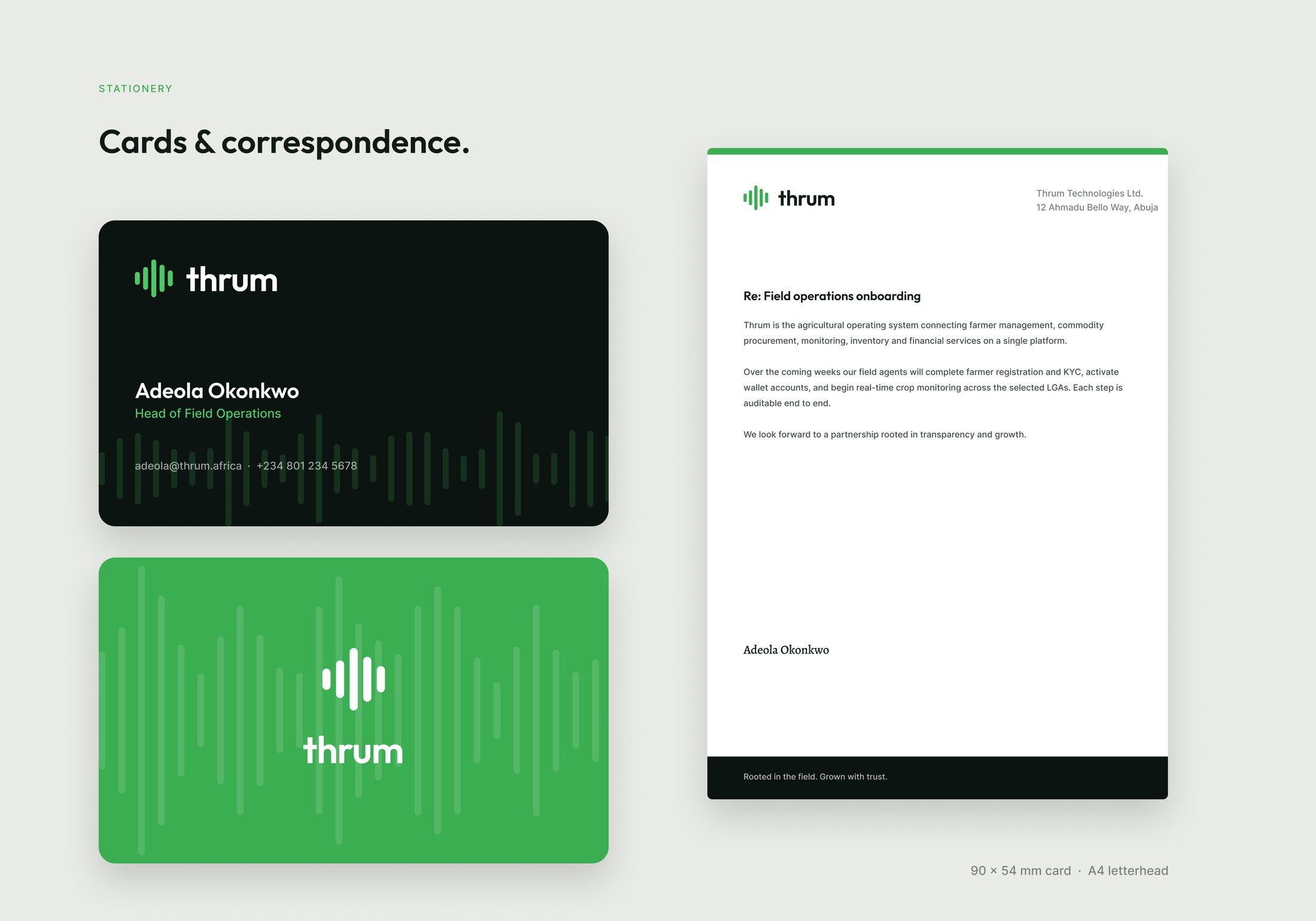 Stationery frame — a dark business card, a green reverse card and an A4 letterhead.