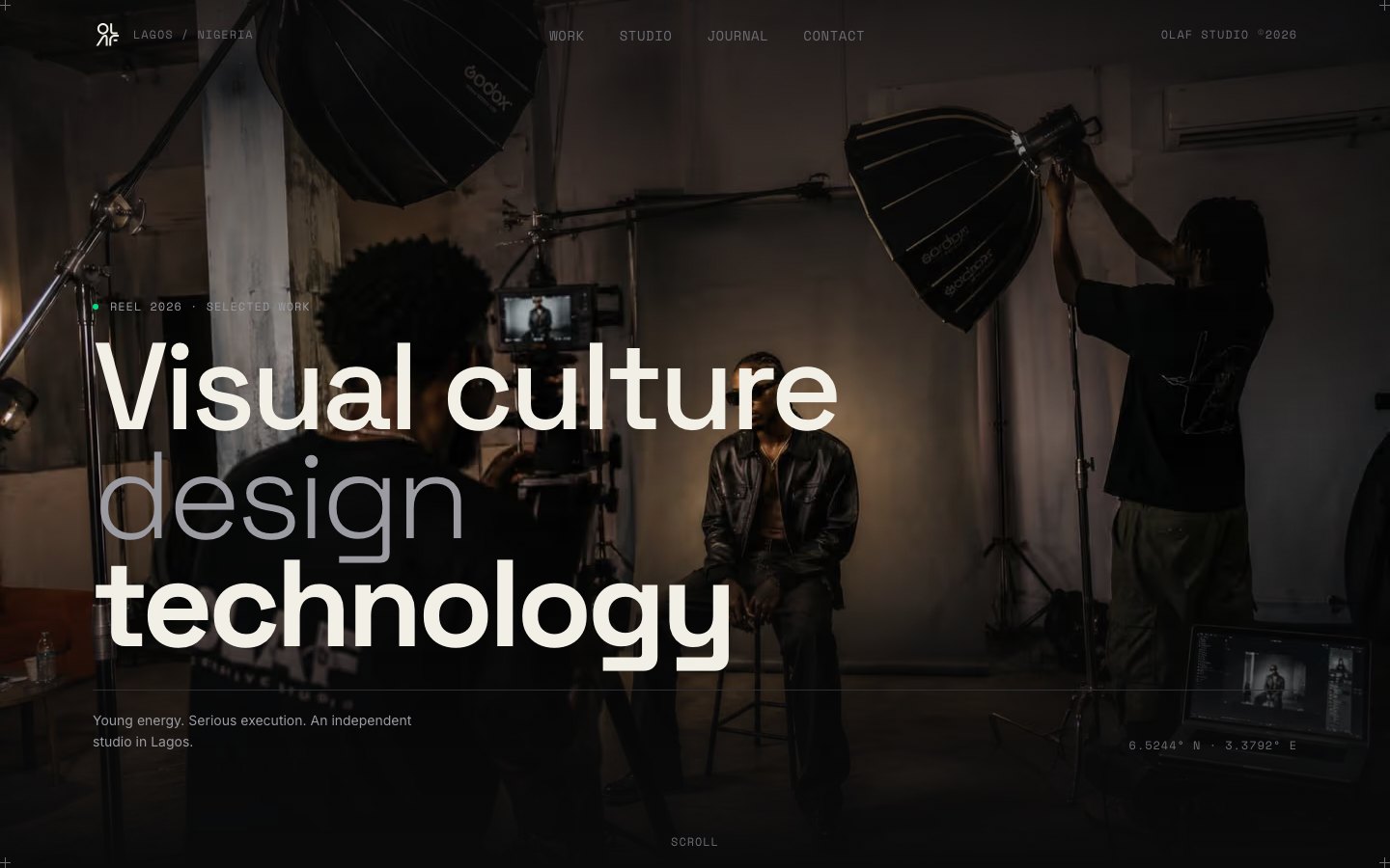 The olaf.studio homepage — the opening frame, with the studio metadata and oversized display type over a production still.