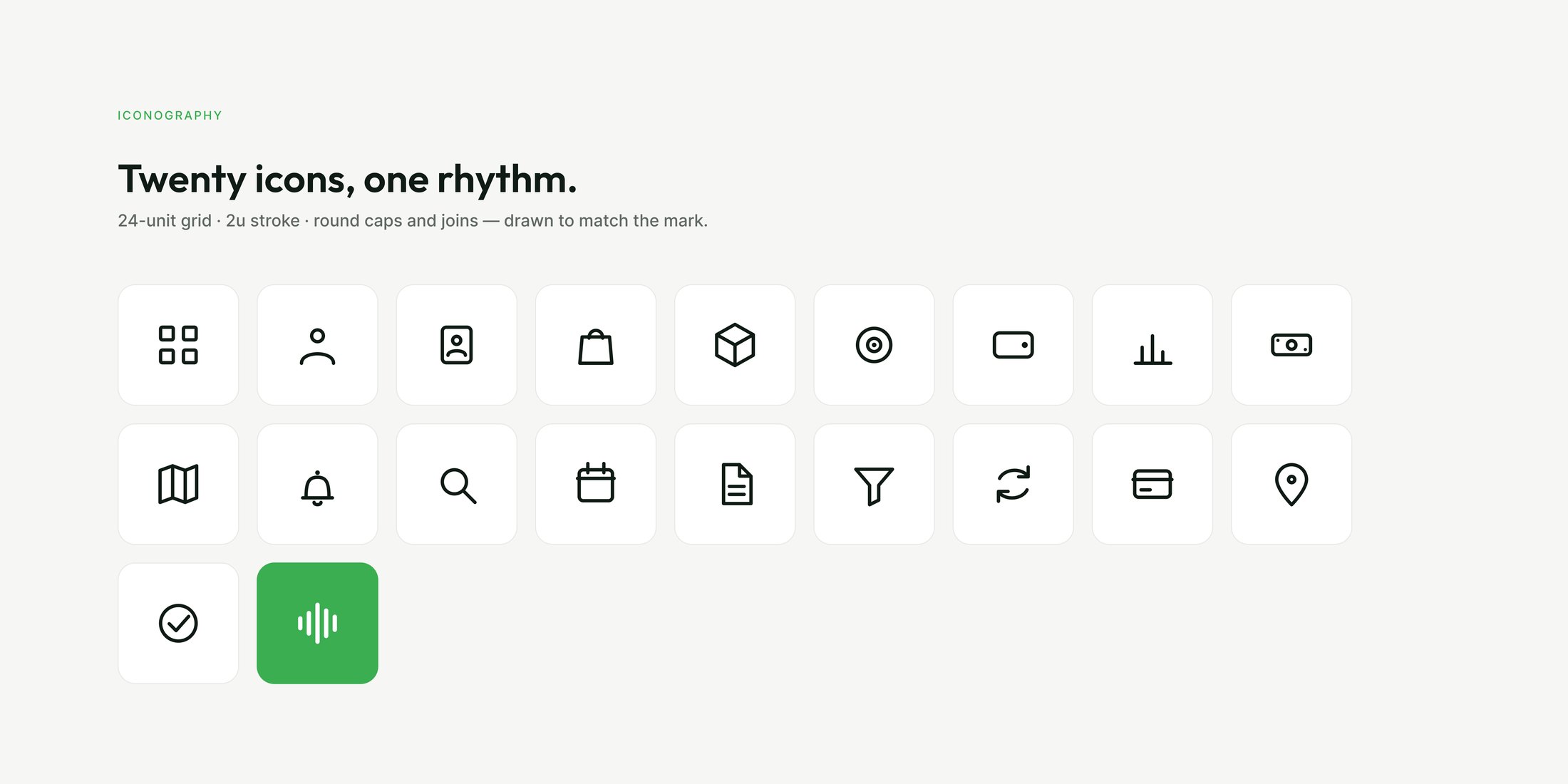 The twenty-icon family on a light grid, with the waveform app icon in green.