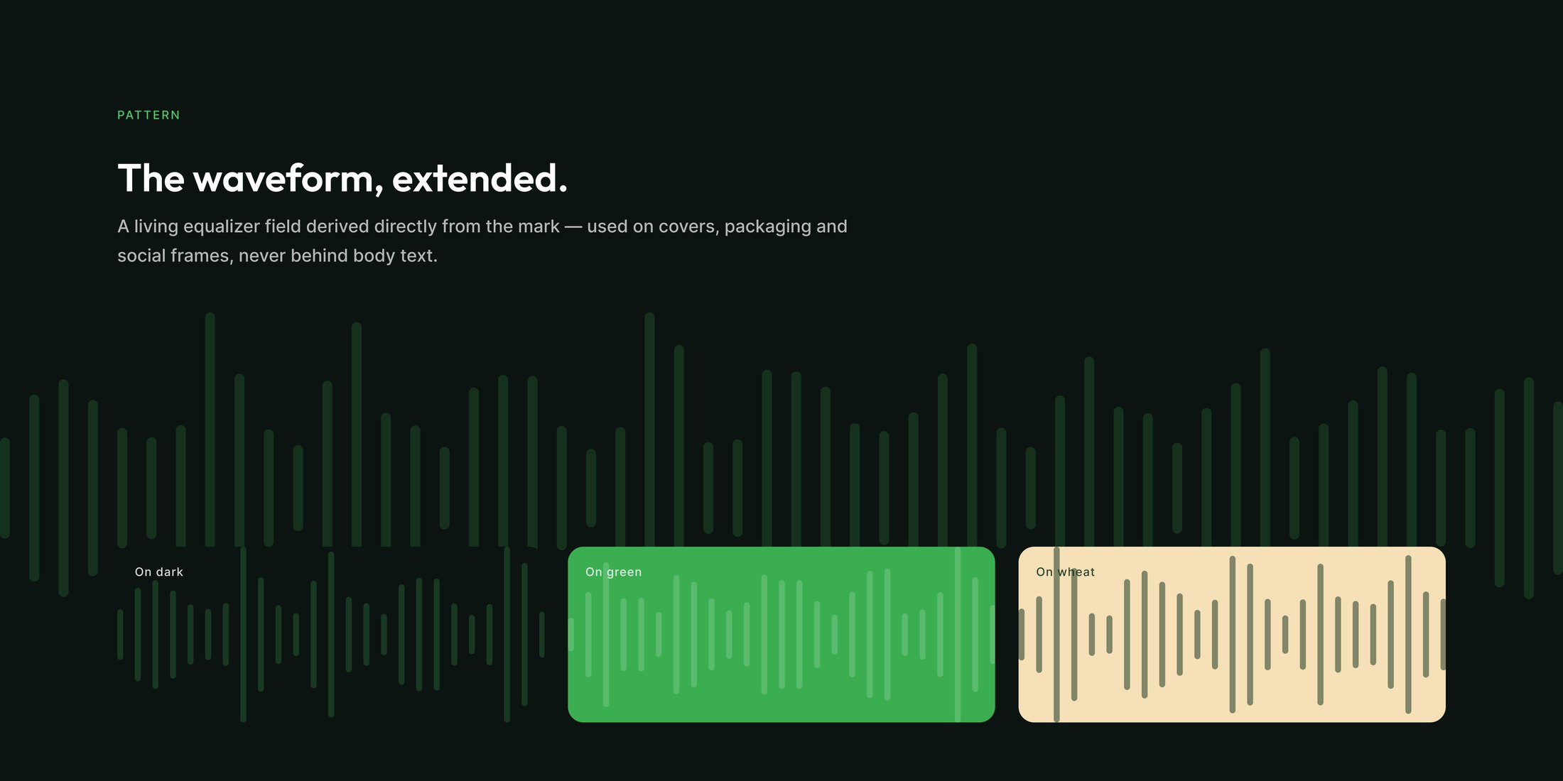 The pattern frame — the equalizer field shown on dark, on green and on wheat.